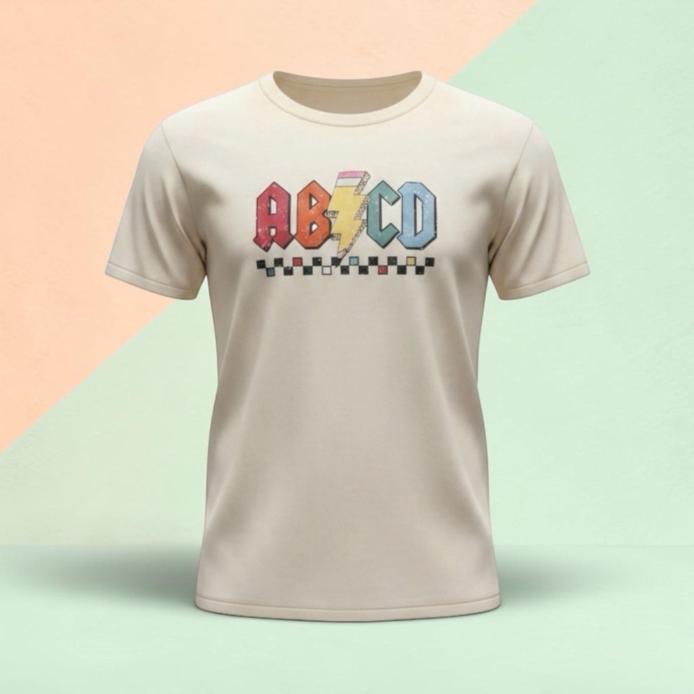 ABCD Teacher Graphic T-Shirt 2XL Cream Retro Colorful School Education Tee
